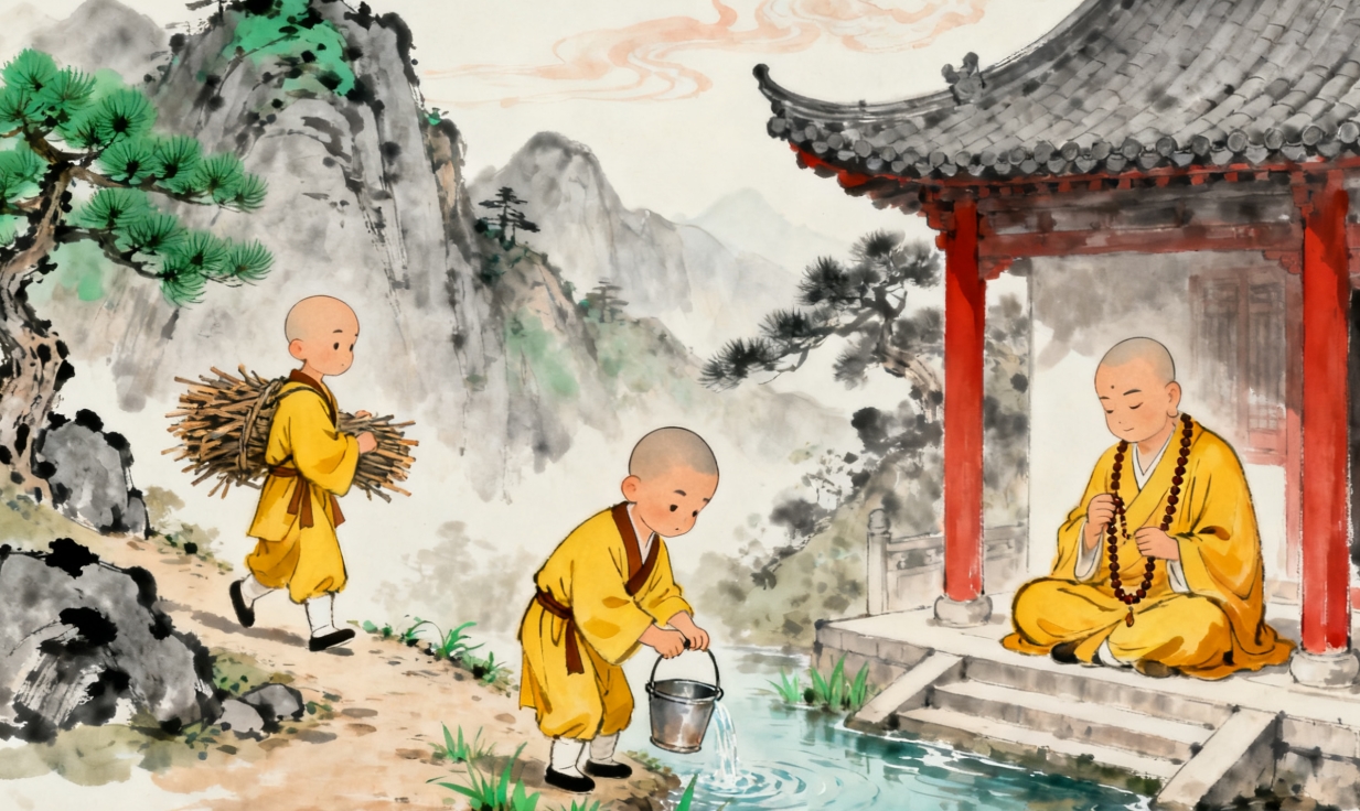 三人の僧侶が水を運ぶ様子